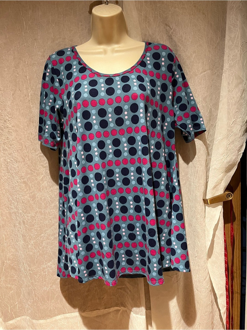 LuLaRoe Blue Swing Tunic with Pink and Navy Dot Pattern